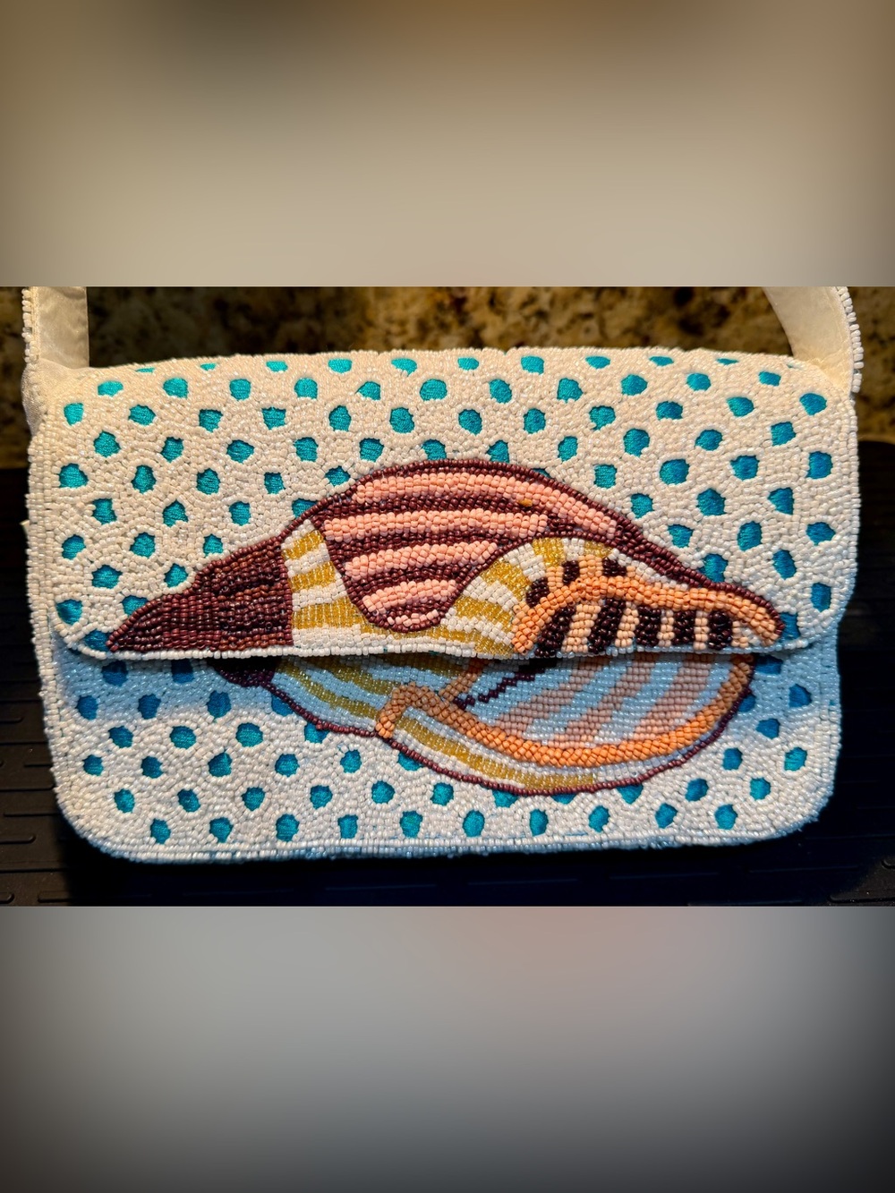 NWT Viral Hand Beaded Conch Seashell Shoulder Bag Teal Polka Dot Purse